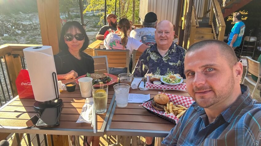 Joshua at dinner with friends during the weekend after his hip aspiration recovery.